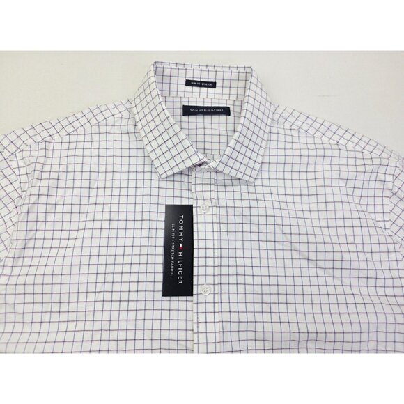 Tommy Hilfiger Slim Fit Stretch 16.5 34-35 Large White Plum Blue Check Shirt NWT - Picture 11 of 11
